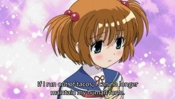Screenshot of Yuuki from Saki. She is saying "If I run out of tacos, I can no longer maintain my human form."