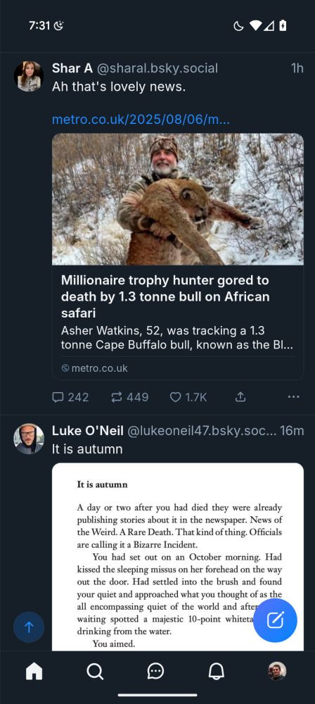 A story of a trophy hunter being forced to death by a water buffalo in Africa is directly above Luke's poem about a person's freak death due to a hunting accident. Divine providence on the skyline this am.