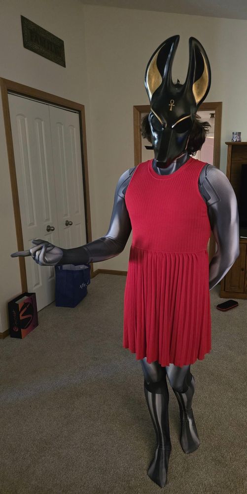 A drone-esque alt-picture of myself in a drone outfit. Wearing a red dress, jackal mask, and gray zero suit samus zentai underneath. I have my hand and arm extended out.
