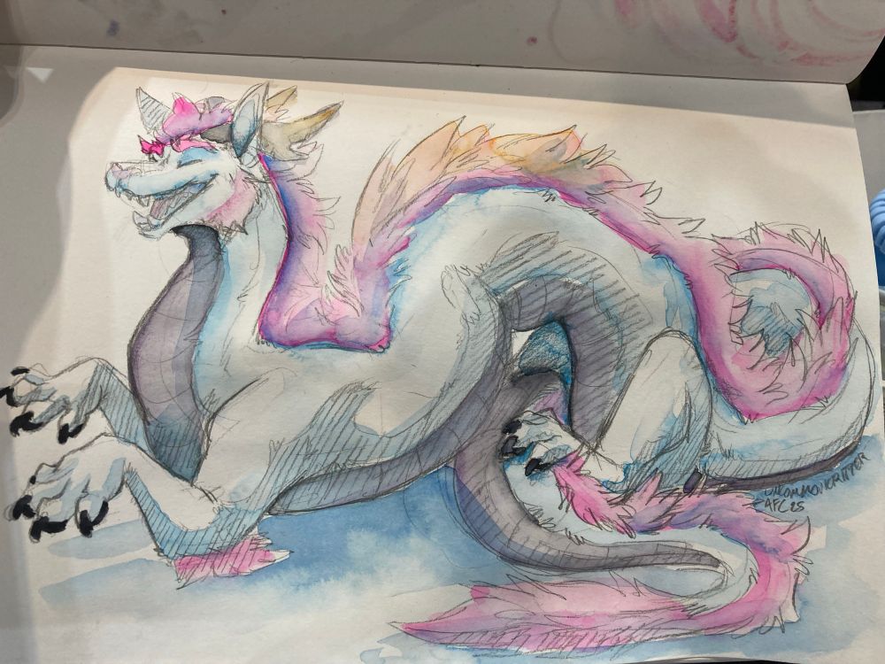 Watercolor wash of a long dragon sitting sort of scrunched up, tail tucked under the middle section with his hind feet balanced on it. His front paws are raised playfully and he’s smiling 