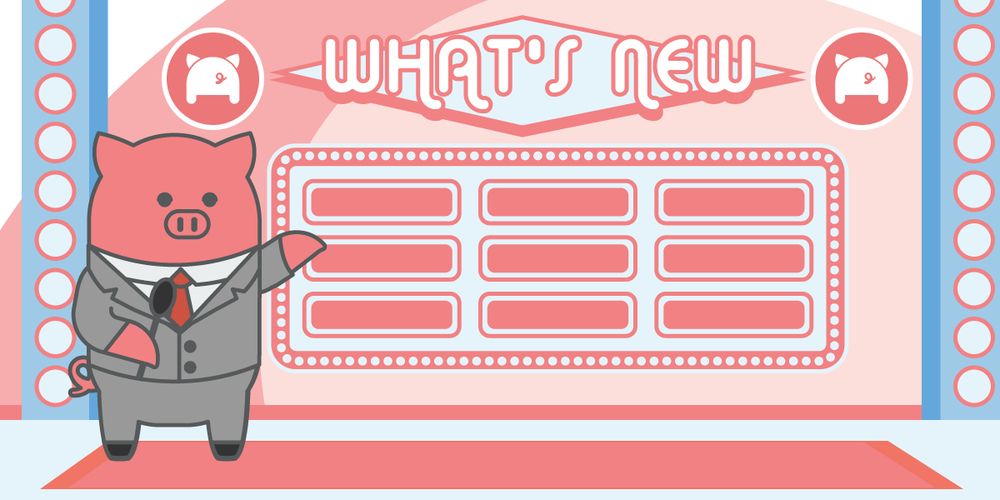 A pig in a suit holding a microphone near his tie standing in front of a 3x3 board of labels like on a game show. The labels have no words. The game is called “What’s new” and there are two emblems around the text which are Porkbun’s logos which is the drawing of the back of pig with a curly tail 