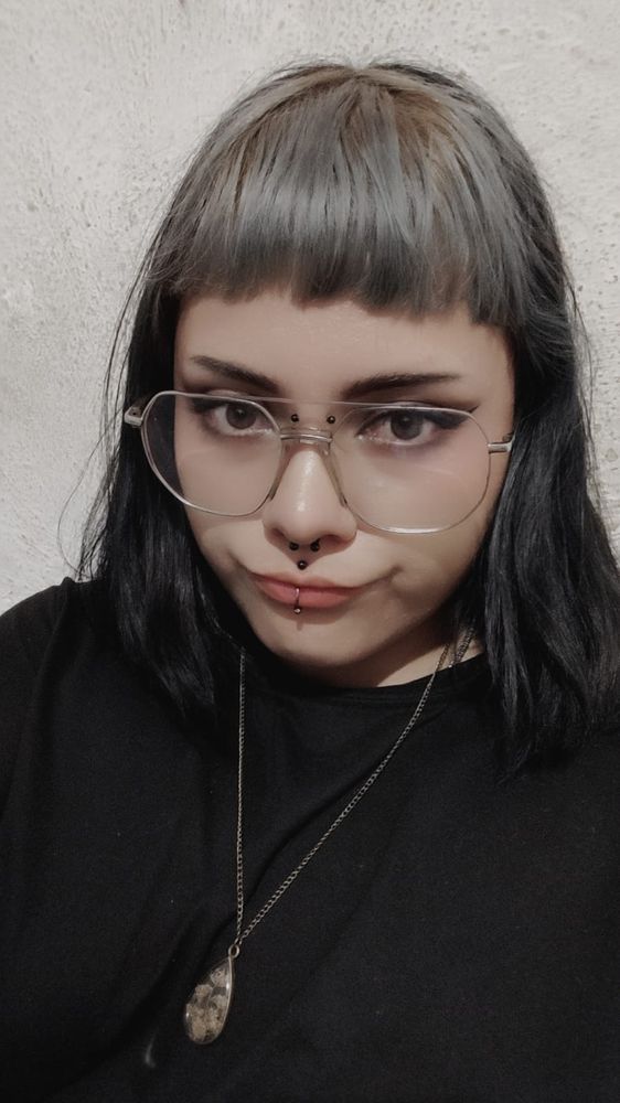 Foto de mi cara un poco seria, pero haciendo una mueca con los labios apretados y parecen el pico de un pato. Mi piel es morena clara. Tengo el cabello lacio y negro, llega hasta mis hombros. Pero mi flequillo es plateado y me cubre solamente la mitad de la frente. Tengo varios piercings en el rostro, como el septum y algunos en la boca. Llevo lentes grandes y un collar con un dije de plantas encapsuladas en resina. Mi camiseta es negra.