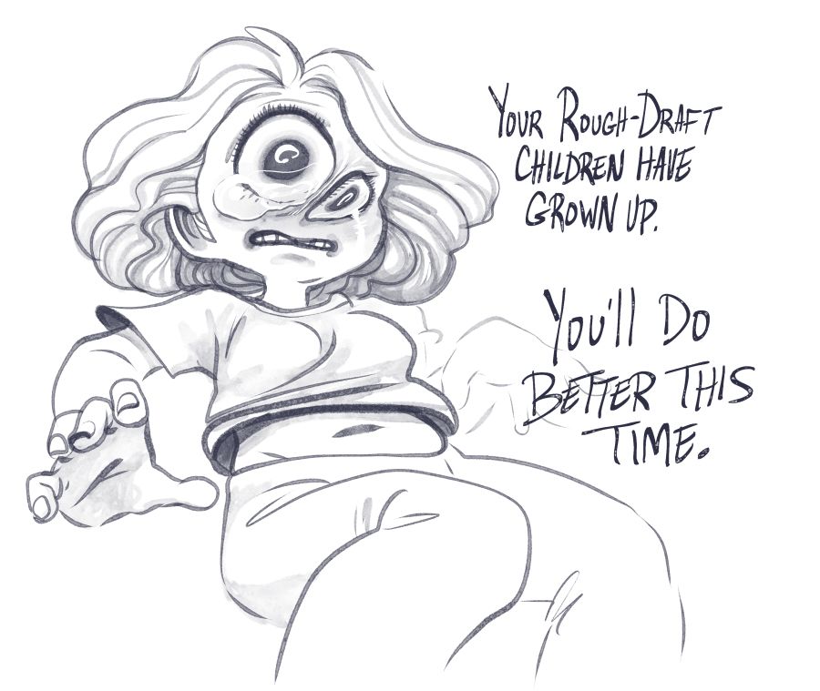 A sketch of a crying girl with a warped face