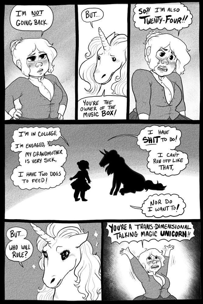 Page 3 of a comic called The Music Box, wherein a girl continues to be harassed by a unicorn to return to some magic land, to her displeasure, as she has a life to live