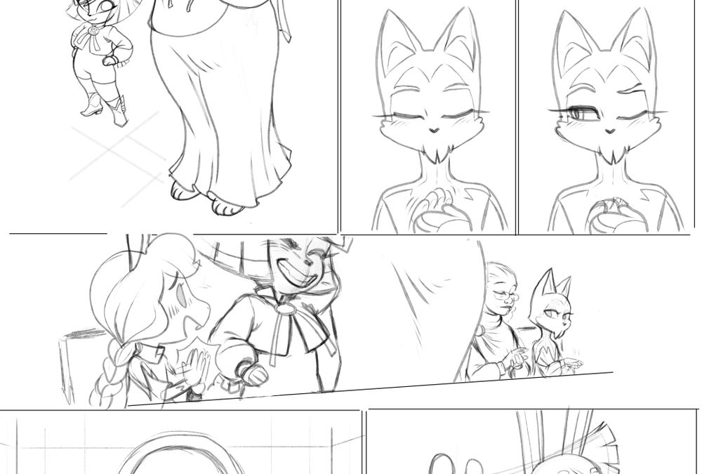 Crop of comic page pencils where many animal (and one human) characters are clapping
