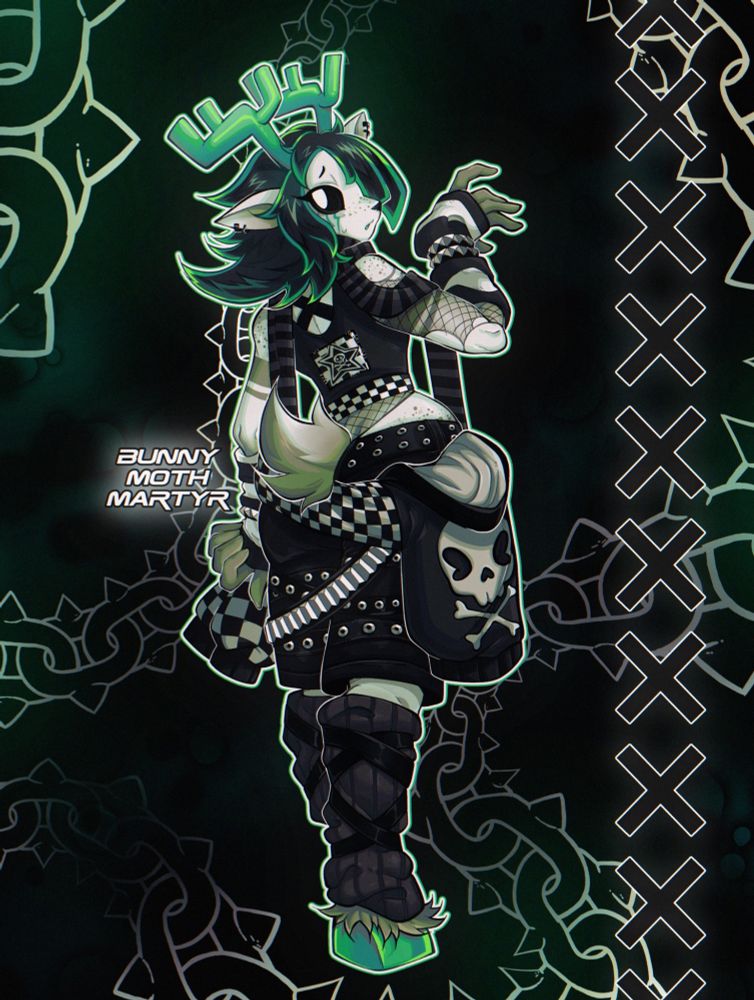Deer anthro wearing a grey and black striped scarf, cropped top, fishnets, striped arm warmers, belts around the waist and hips, a hoodie wrapped around the waist, cargo shorts, leg warmers