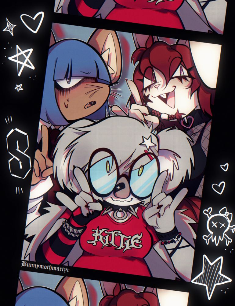 Artwork framed like a photo boot picture. An anthro koala wearing a kittie shirt, black and red arm warmee and bracelet is on the front, while a white anthro bunny wearing a fishnet top, choker, and black tank top is in the back, next to an anthro mouse wearing a dress shirt 