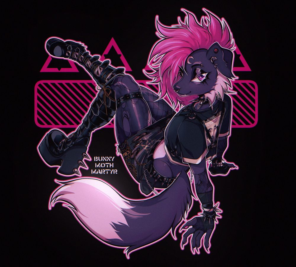 Commission for priestessemi. Punk anthropomorphic dog girl with pink hair and dark purple and white fur. Wearing a crass shirt, harness, various accessories, a skirt with a bullet belt and various patches, ripped fishnets and thighs and knee high black boots with yellow laces
