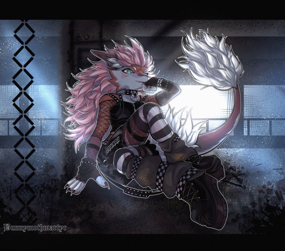 Anthro in a blue lit warehouse wearing a spiky choker, top with two o ring straps, fishnet top, fishnet glove on one hand and a studded arm warmer and distressed grey glove in the next with a longer black arm warmer. Black bleached pleated skirt with pyramind stud detail, fishnets, black and white thigh highs, jean destressed leg warmers with checkered pattern straps and platform shoes