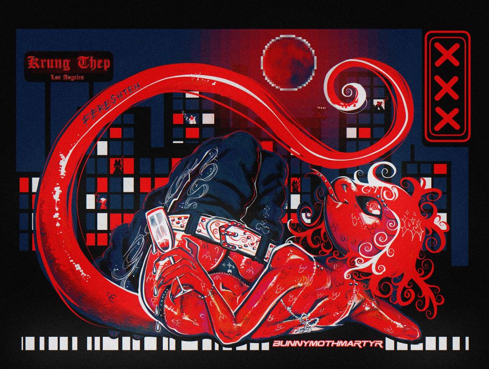 My snake oc Fereshteh (they/them), red snake anthro wearining a microkini, panties and big black jeans lowered to under the waist held up by a white belt with red studs. Holding a tall glass with red liquid. In the background there is a stylized skyscrape skyline with windows containign stylized versions of of all other 5 character, a red moon, a Krung thep sign, and an xxx sign.