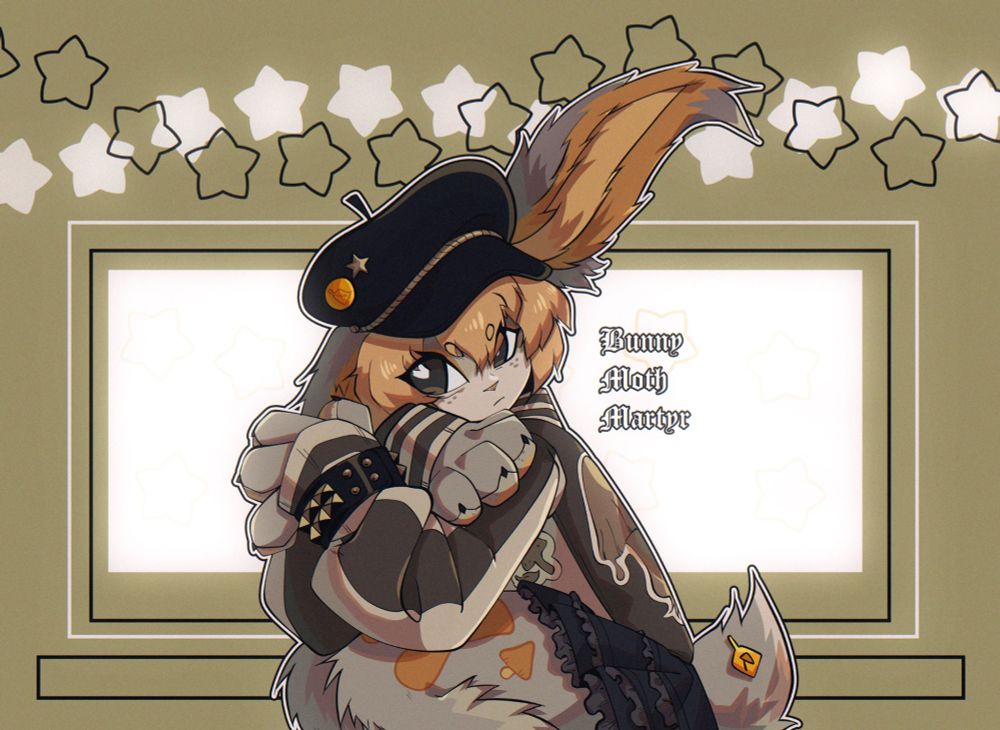 Grey and brown bunny anthro wearing a dark grey and white sukajan, black frilly skirt and a black cap with pins