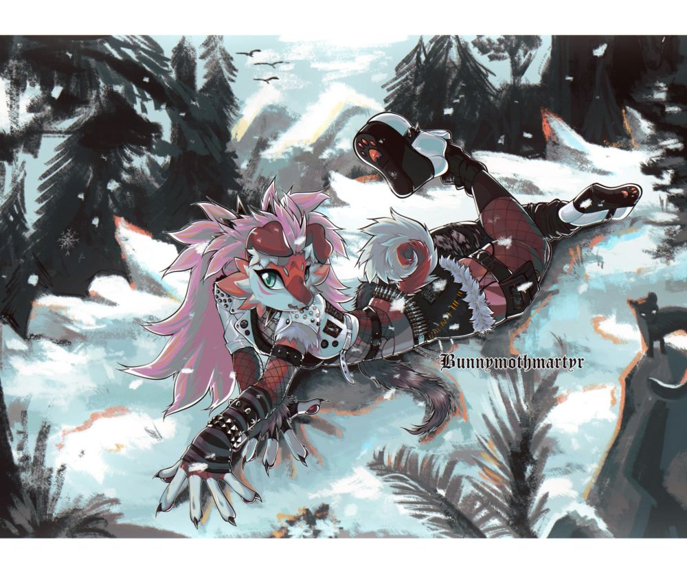 Novabeast anthro with pink hair and brown fur. Wearing a white leather jacket with pins and patches, fishets, arm warmers, black top, bullet belt, other belts, fur keychain, shorts with fur lining, fishnet stockings, blsck socks and leg warmers, white platform shoes. Laying in the snow, on a mountain perhaps.