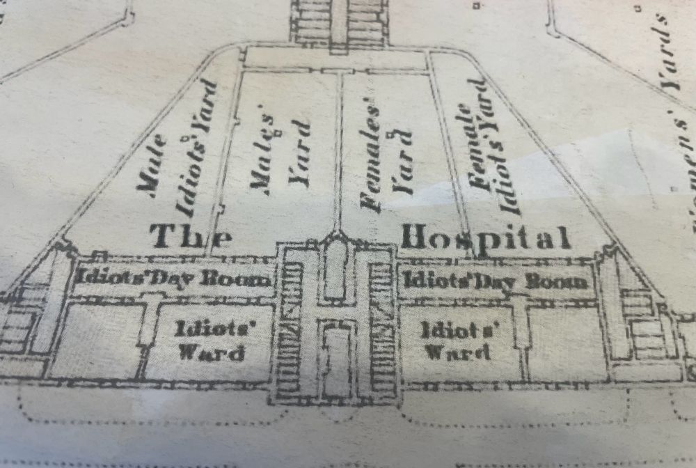 Close up view of the floor plan including separate make and female ‘idiots’ rooms 
