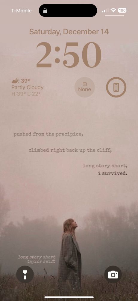 A screenshot of my phone’s screensaver. The picture taken from one of Taylor’s evermore photoshoots. She is standing in a field of tall grass. She is wearing a beige plaid oversized blazer-type coat. She has her hands in the pockets of the coat. She is wearing her blonde hair down, and she it tilting her head slightly upwards. Blurry trees can be seen in the distance. It is a very foggy scene. The entire image is filled with neutral colors. The words on the picture read “pushed from the precipice, climbed back up the cliff, long story short, i survived.”