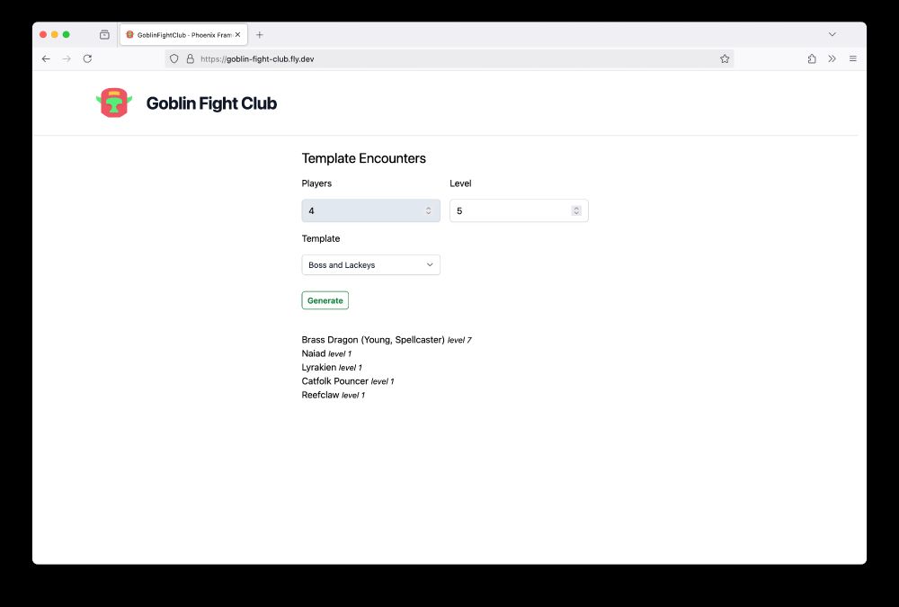 Goblin Figth Club web application home page. 
