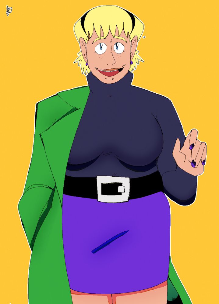 A drawing of Gwen Stacy from Marvel Comics, here she is drawn with a plus size body type. She has her right arm raised up, with her hand closed as if she just finished waving hello. Her left arm is tucked into her green trench-coat, which is half taken off. Her face has an awkward, yet charming and welcoming energy.