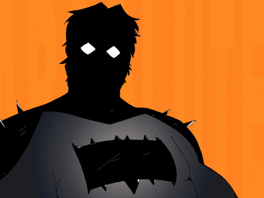 An illustration of Bruce Wayne from Absolute Batman, a bright orange background is seen behind with a very faint piece of text saying 'ABSOLUTE.' 
Bruce is colored in a gradient light leading out from his chest and the Bat symbol. From a light gray to a darker gray, as his eyes are drawn without pupils in a diamond-like shape. Staring directly at the viewer.