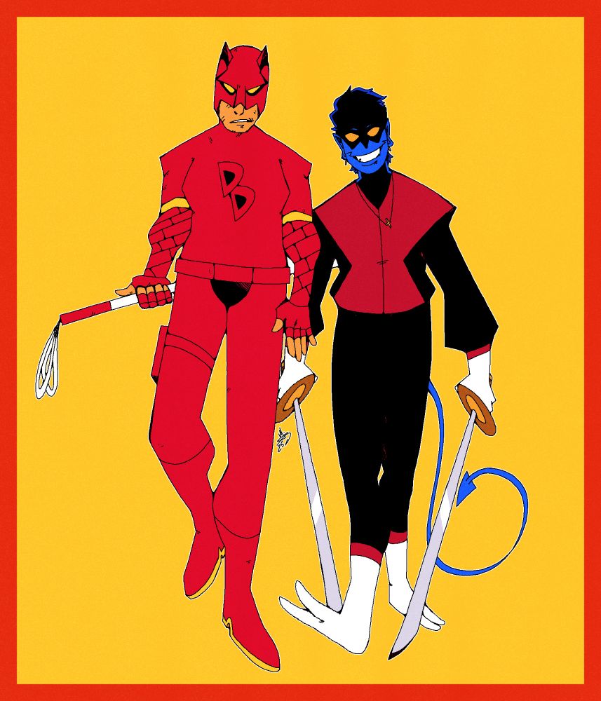 A colored illustration of Kurt Wagner (Nightcrawler,) and Matt Murdock (Daredevil,) standing side by side ready for battle.