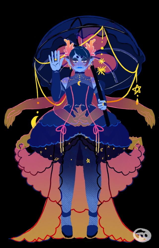 A blue and pink ombre haired nonbinary person with blue skin and pointed ears adorned in a jellyfish themed dress in sunset and navy colors, they hold an umbrella and have multiple ghostlike arm tendrils.