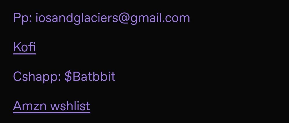 Screenshot of a post containing ways to donate to io, ones liated are their paypal email: iosandglaciers@gmail.com,  kofi: iosandglaciers 
Cashapp: $Batbbit
And amazon wishlist