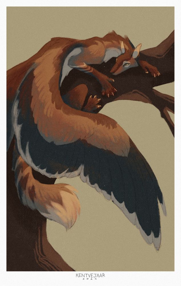 Wolf-dragon sitting on tree and looks like hiding from someone.