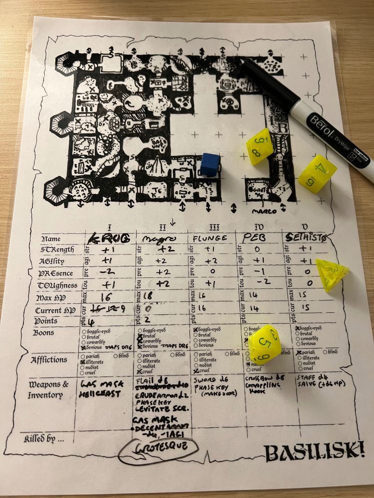 A print and play game with yellow-green dice, handwritten notes, hand-drawn map and a wooden token to depict the player character, the sheet is laminated and the notes and map is drawn with dry-erase marker.