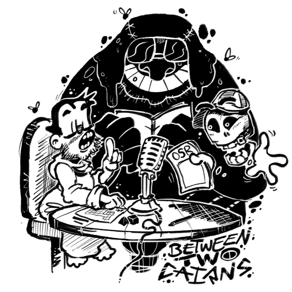 Three cartoon characters sit at a round table with a microphone. On the left a squat bearded man (Yochai) talks officiously with a raised finger, on the right a floating skull (Skullboy) laughs and waves an OSR adventure, in the background a gargantuan figure (Brad) holds a book in two massive hands whilst grinning totoro-style. Text beneath the table reads “Between Two Cairns”