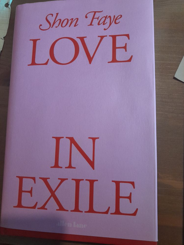 Cover of love in Exile by shon faye. There is no cover image
 It is author name and title in red lettering, on a pink background. 