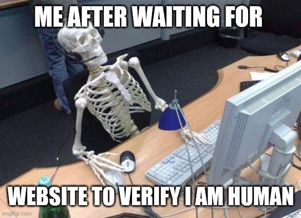 Skeleton sitting at a desk with a computer.

Text reads "me after waiting for website to verify I am human"