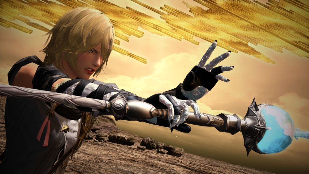 A screenshot of Minfilia fighting in Mt Gulg. She wields a cane that she has thrust forward mid-cast. She has shaggy, ruffled short hair that is lighter on the scalp. She wears a grey cloak and black long-gloves which help cover her crystallised arms. 