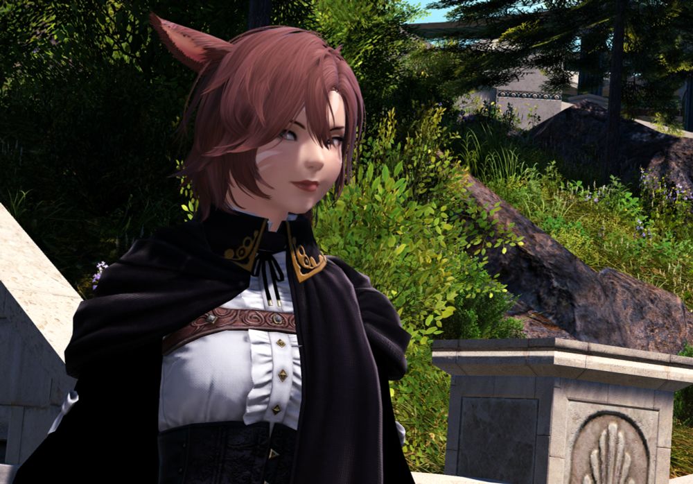 A screenshot depicting a catgirl. She has dark red-brown hair, and soft golden eyes. Her hair is short and lightly tossled. She wears a white tailored shirt with a corset and cap over-top. She glances at the camera with a playful smile.