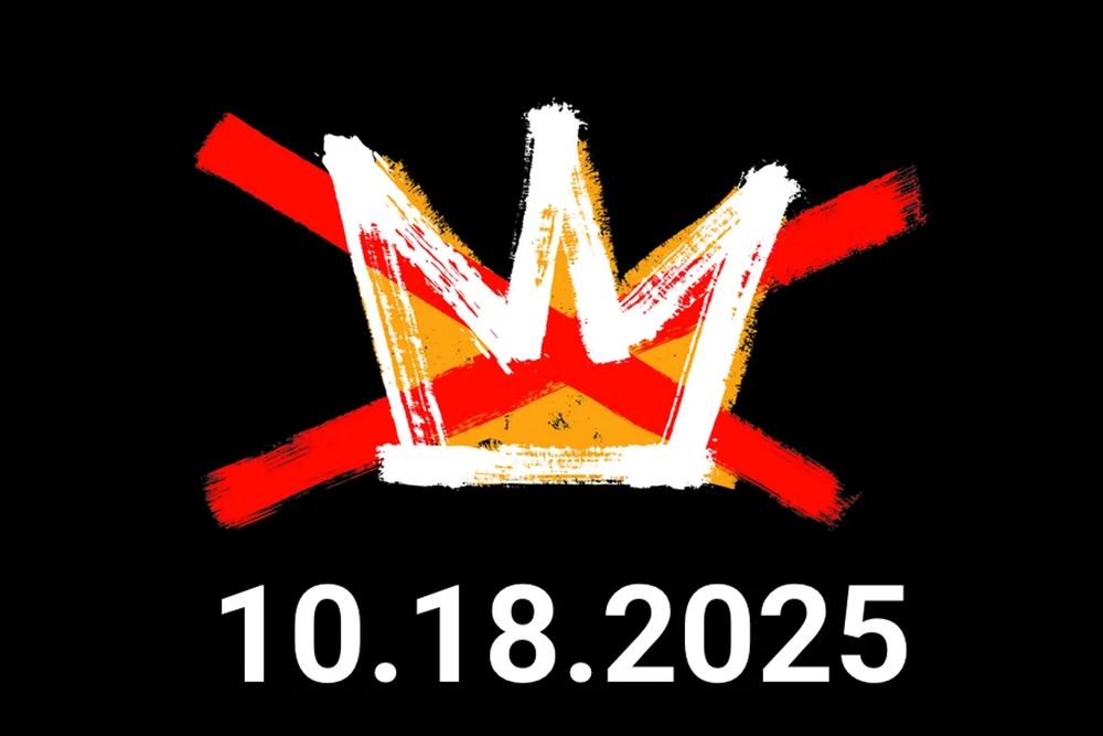 A poster showing a red cross through a white crown with the date 10.18.2025