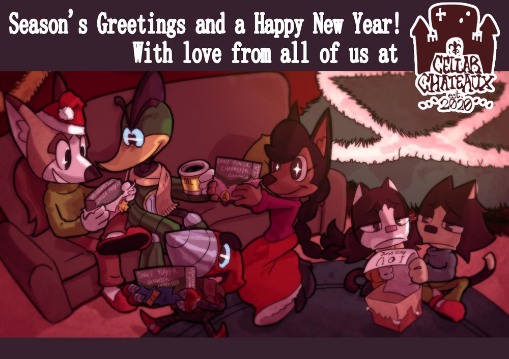 The 2022 version of the Cellar Chateaux Christmas card; following last years theme, the heroes are opening presents together on Christmas day. Sondro, Spike, Ballast and Juania have happily have all gotten new single-player campaigns in the 8-bit title "Sondro Gomez: A Sunova Story," clearly labeled on boxes. Kyle & Lucy, on the other hand, who have not had a new demo in the meanwhile, have gotten a paper IOU from Santa, and look visibly annoyed about it.