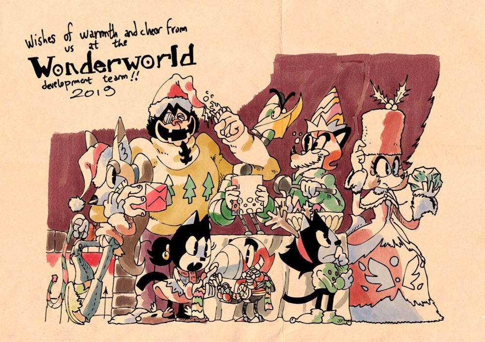 The 2019 version of the Cellar Chateaux Christmas card; Kyle, Lucy, Spike, Ballast, Gresley, Maximus Madame, and Sondro are handing out gifts to each other at a Christmas buffet. Gresley is drunk on eggnog with his arms around Sondro and Spike, while Maximus looks on in amusement. Madame is confused about her gift, while Kyle is curious about it. Lucy and Ballast are sharing gifts.