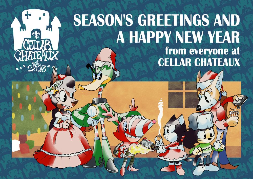 The 2021 version of the Cellar Chateaux Christmas card; this year, the heroes have had their own smaller party after the chaos the villains caused previous years. Juania is admiring Ballast using his firebox to roast chestnuts for Lucy, while Spike looks on with jealousy. Kyle is getting ready to roast a marshmallow after Lucy, while Sondro looks on in curioisty as he pours himself a shot.