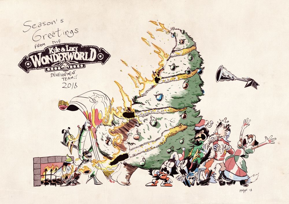 The 2018 version of the Cellar Chateaux Christmas card, featuring the initial cast of Kyle, Lucy, Gresley, Maximus, Madame, Spike and Ballast from the SAGExpo 2018 Kyle & Lucy demo. Ballast, a robot running on coal fire, is eating messily at the fireplace, which has caused the Christmas tree to catch on fire onto the horrified faces everyone at the party, while Spike the robot is trying to put out the fire. Kyle and Lucy are screaming, Gresley is being smushed by the tree as he drops his eggnog, which splashes onto Maximus, while Madame is trying to catch the Christmas star.