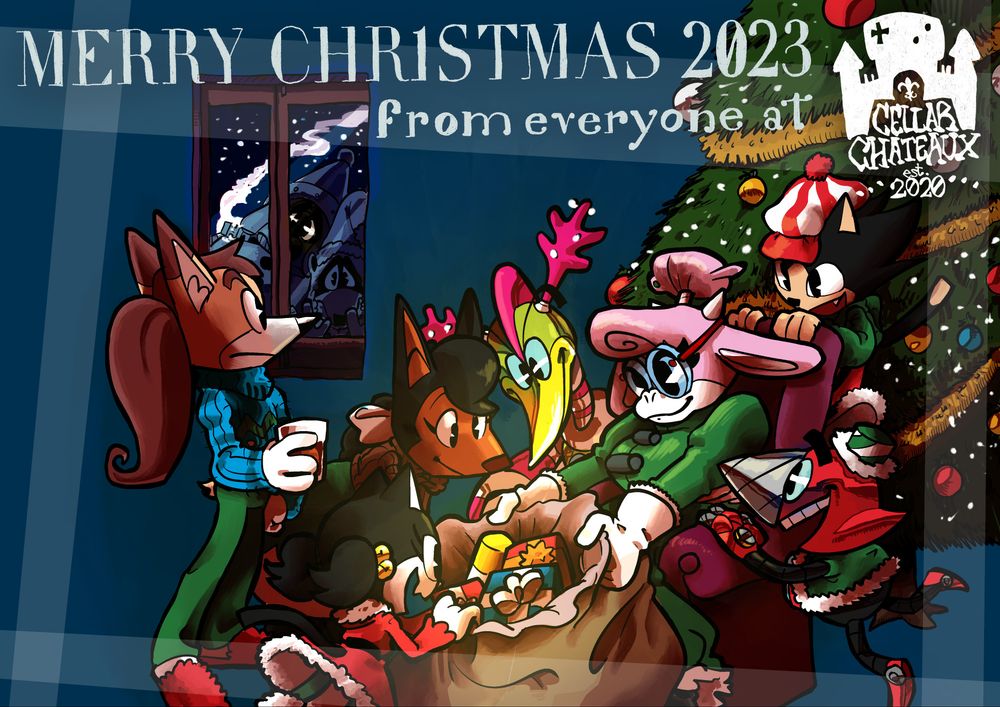 The 2023 version of the Cellar Chateaux Christmas card; following the 2023 demo with the introduction of Spike & Ballasts creator Ms. Bluebell (an elderly pink cow), she is seen sitting in a lazy boy in front of a Christmas tree with a big bag of presents for all the heroes Spike, Ballast, Sondro, Kyle, Lucy, and Juania, who are looking into the bag with excitement. The exception to this is Sondro, who is looking out the window at Concierge and Big Jimmy, who are freezing in the winter weather hoping to be let inside.