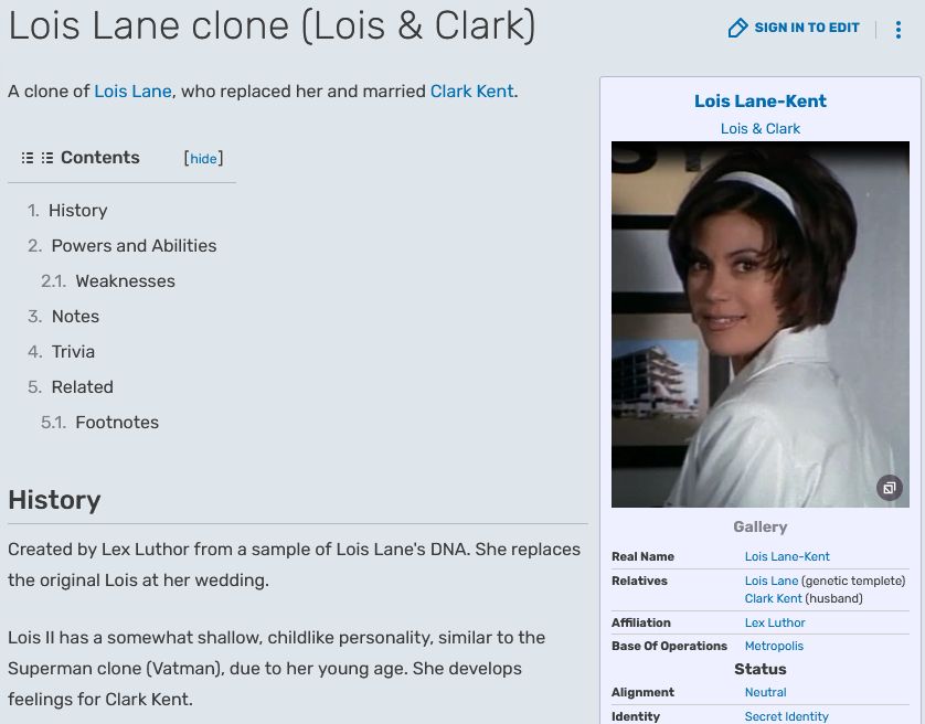 Extrait d'une page Wiki Superman au sujet d'un clone de Lois Lane interptété par Teri Hatcher.