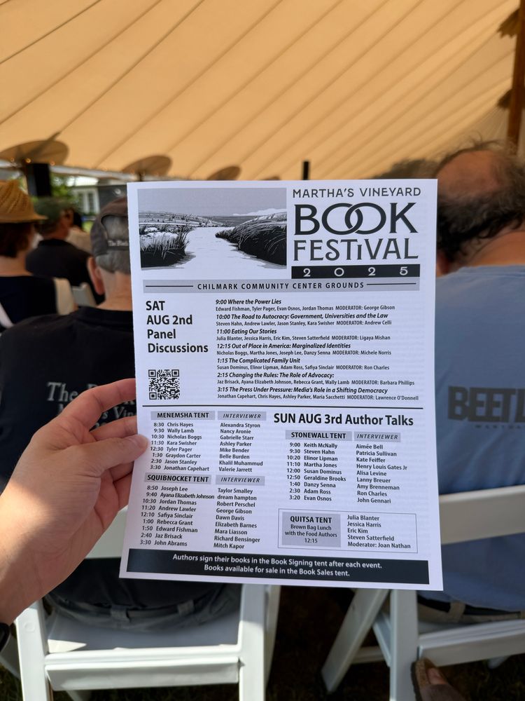 The day’s programming for Saturday 02 August 2025 for the Martha’s Vineyard Book Festival.