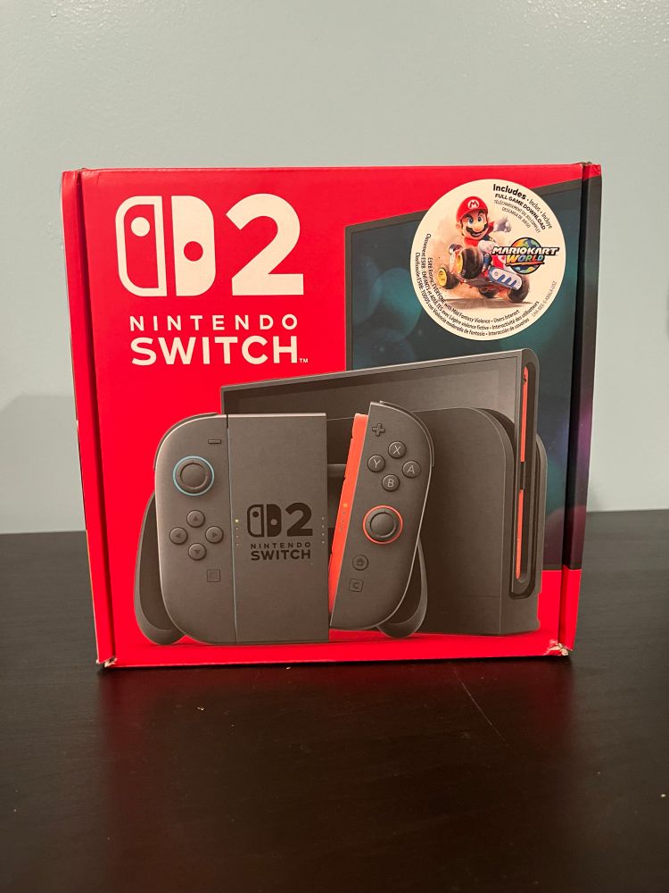 A Nintendo Switch 2 Box on top of a desk