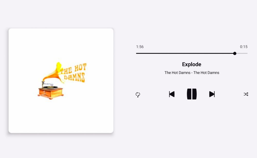 Image of Deezer app, showing the current song playing: Album cover on left, mostly white with an old golden gramophone playing a record with three big yellow words coming out of it: THE HOT DAMNS. To the right of the album cover is the buttons for controlling the music app: left/right tap arrows and a pause arrow in middle. There are also small symbols for "repeat" and "random" that are for the playlist that the song has been added to. There is a time bar that indicates the song is almost at the end. The song info is above the buttons: EXPLODE - The Hot Damns (album) - The Hot Damns (band) 
