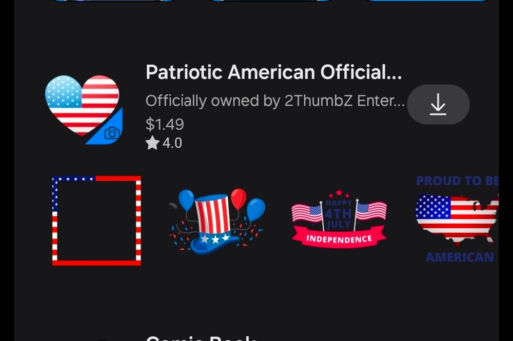 Phone digital stickers shaped like U.S. flags, the outline of the U.S.A., ribbons, hearts, etc. All are blue, red and white. Header says PATRIOTIC AMERICAN OFFICIAL...which will be a complete lie (I am adding this detail as a U.S. military brat these are not official.) Company listed in smaller print is by "Officially owned by 2ThumbZ" 