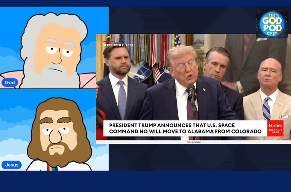 Screenshot of a live chat with two animated figures on the left commenting on live video on the right. The figures are titled GOD and Jesus and look like one would expect those characters to be drawn. Trump is blathering into a mic in a suit with a vapid expression as one expects.