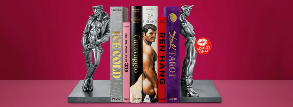 Photo of two bookends with very hot and very gay looking men posing with much of their flesh exposed. A row of books sit between the bookends. Their spines read: ICE COLD, The Big Penis Book 3D, Caravaggio, Tom of Finland, Ren Hang, Dali Tarot