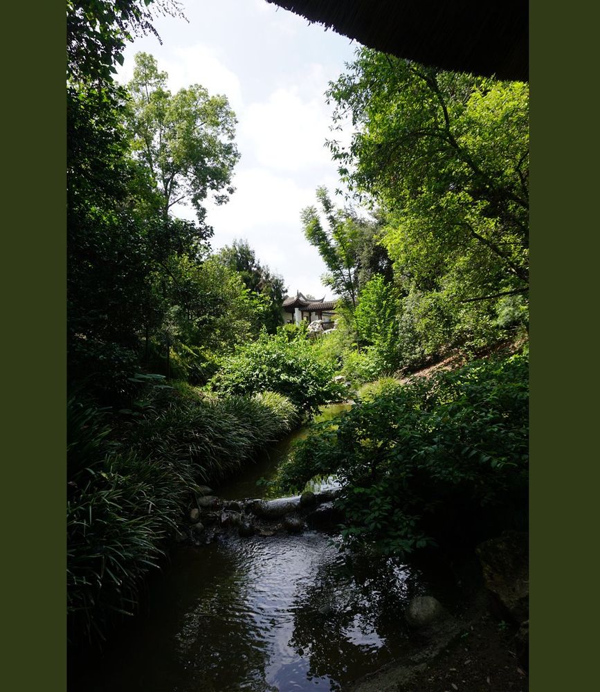 Tall photo taken from underneath a bridge. A stream flows gently toward the viewer. Its banks are swathed in thick green foliage on both sides. The sunlight in the sky is softened by a thin veil of haze. In the distance one can just make out the tiled roof of an old, single-floor building. Nature is the only guest here. 