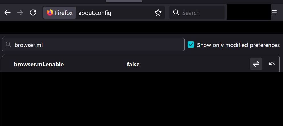 Screengrab white text black background. Top bar with "Firefox" and orange circular fox symbol for the Firefox browser. The search window next to it has text typed in, which is about:config. Then underneath that is a search bar with text in it: browser.ml. There is a checked box to the right with text: Show only modified preferences. Underneath is a third bar with the following text: browser.ml.enable; then black space until middle of bar where there is the word "false" and that at the right end of the bar is a reverse arrow that represents the "undo" button. A box is checked on the upper right with text: Show only modified preferences. 