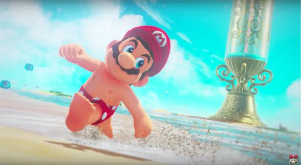 Super Mario, in swim trunks, and topless wearing his hat on the beach.