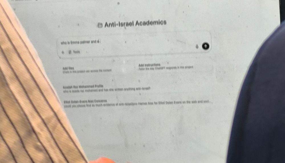 A laptop screen showing ChatGPT with the title 'Anti-Israel Academics' at the top. 