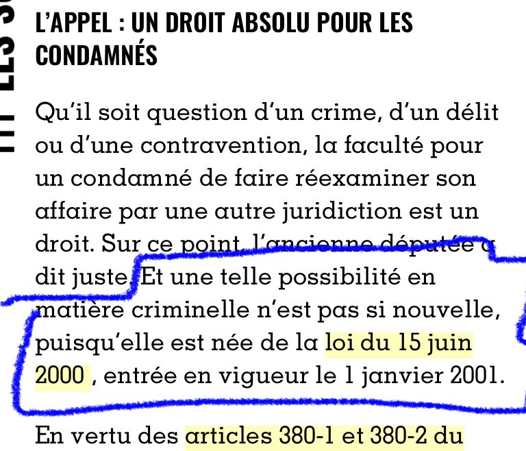 Texte indiquant que le droit d’appel en matière de crime a été introduit par la loi du 15 juin 2000.
