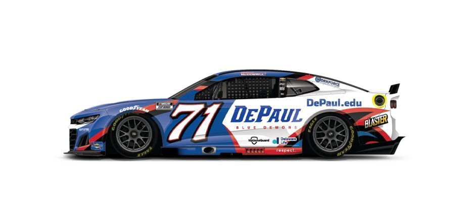 A NASCAR stock car with a paint scheme/wrap sponsored by DePaul University